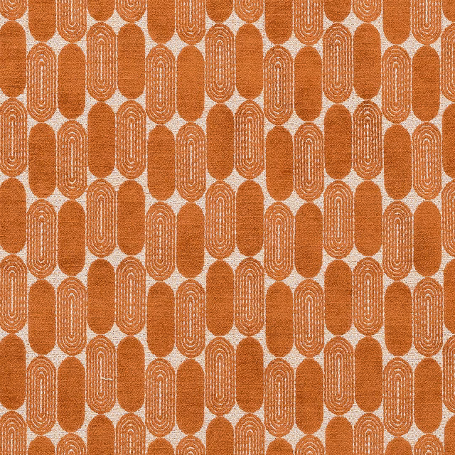 Orange woven fabric with rounded oval motif on a pale ground