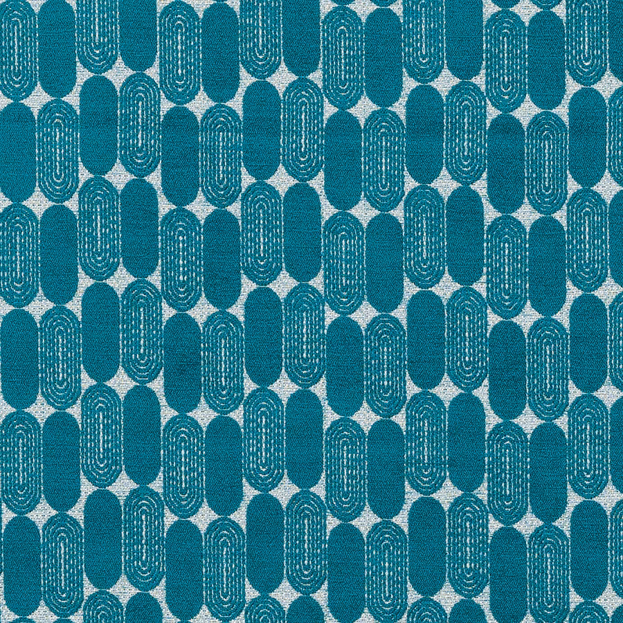 Teal geometric fabric with rounded vertical capsule motifs on a pale ground