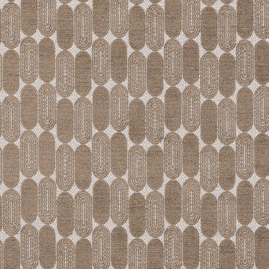 Warm beige woven fabric with rounded oval geometric motif and pale contrast detail