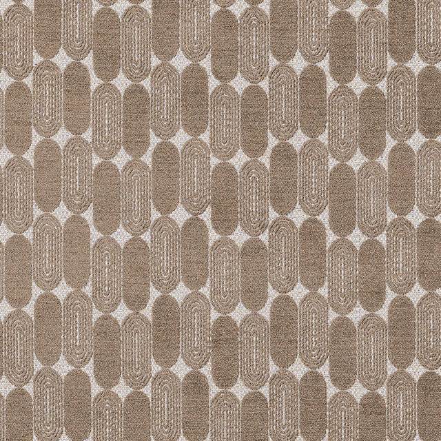 Warm beige woven fabric with rounded oval geometric motif and pale contrast detail