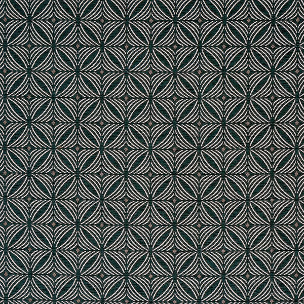 Deep jade green geometric fabric with pale curved lattice lines and small dark accents