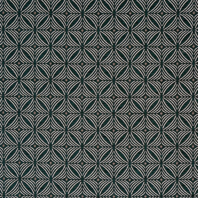 Deep jade green geometric fabric with pale curved lattice lines and small dark accents