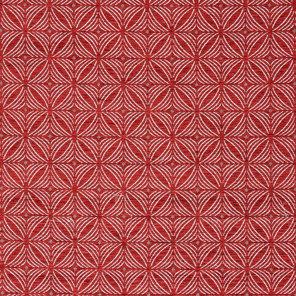 Red geometric woven fabric with repeating curved starburst pattern