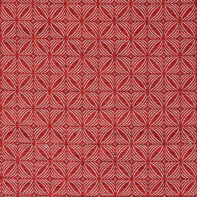 Red geometric woven fabric with repeating curved starburst pattern