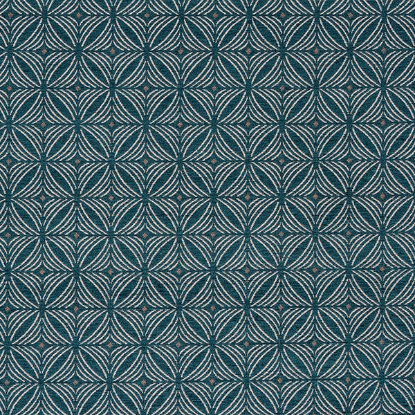 Teal geometric fabric with ivory curved arc motif and small accent dots