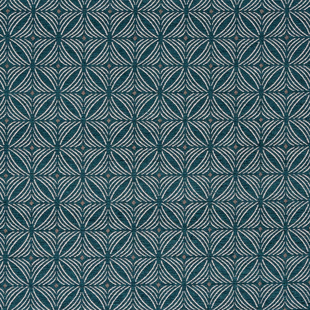 Teal geometric fabric with ivory curved arc motif and small accent dots