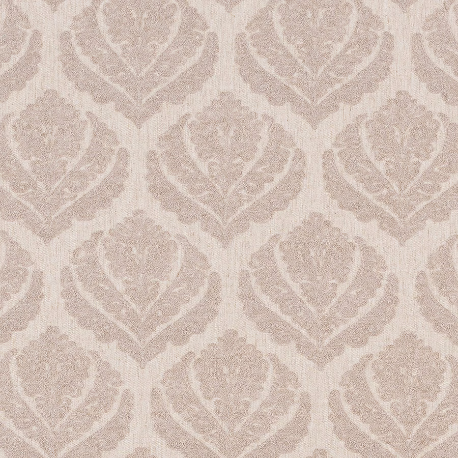 Soft beige taupe damask fabric with a pale woven ground and ornate scrolling motif