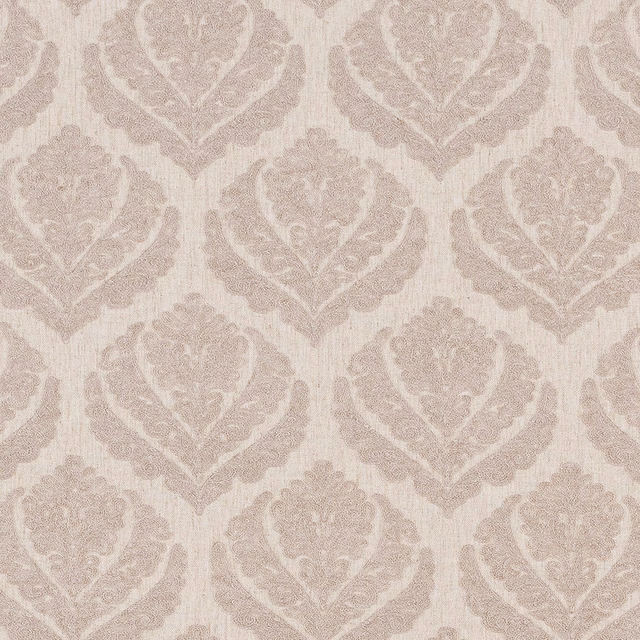 Soft beige taupe damask fabric with a pale woven ground and ornate scrolling motif