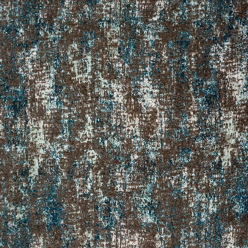 Mottled teal and brown abstract woven fabric with distressed brushstroke texture