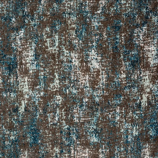 Mottled teal and brown abstract woven fabric with distressed brushstroke texture