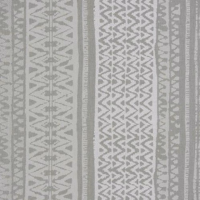Soft grey striped fabric with pale geometric bands and textured woven detail