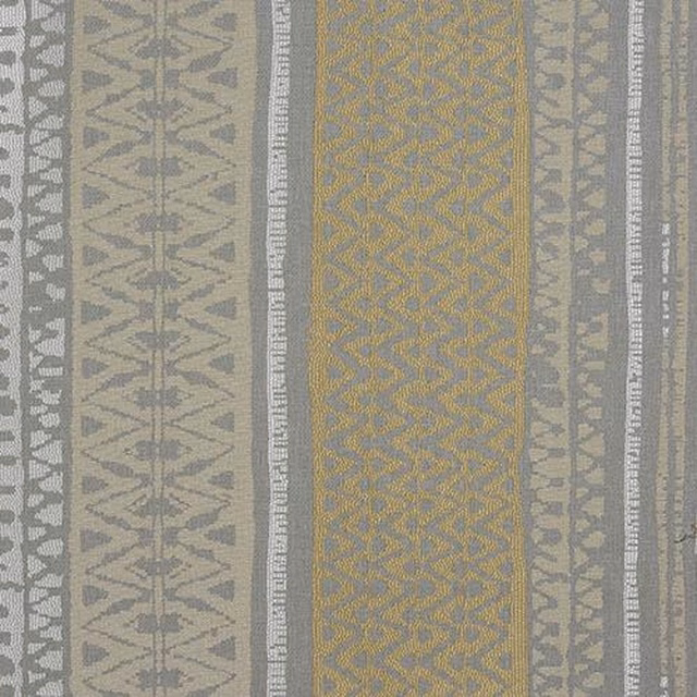 Striped woven fabric in muted ochre, grey and taupe with geometric bands