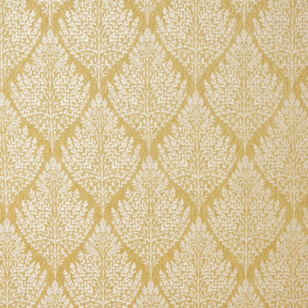 Chartreuse woven leaf-pattern fabric with pale cream motif and textured ground