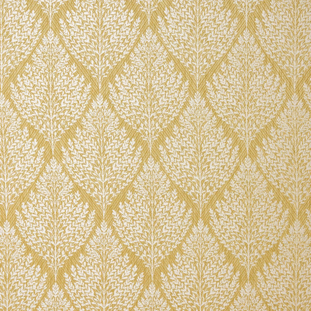 Chartreuse woven leaf-pattern fabric with pale cream motif and textured ground