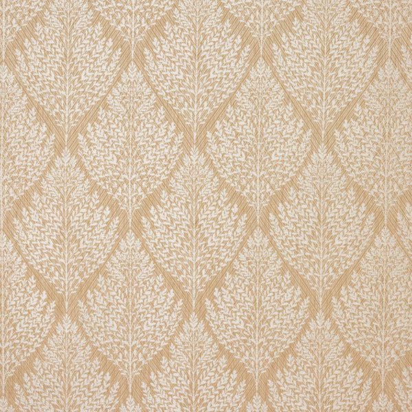 Warm oat beige fabric with cream leaf-and-arch woven pattern