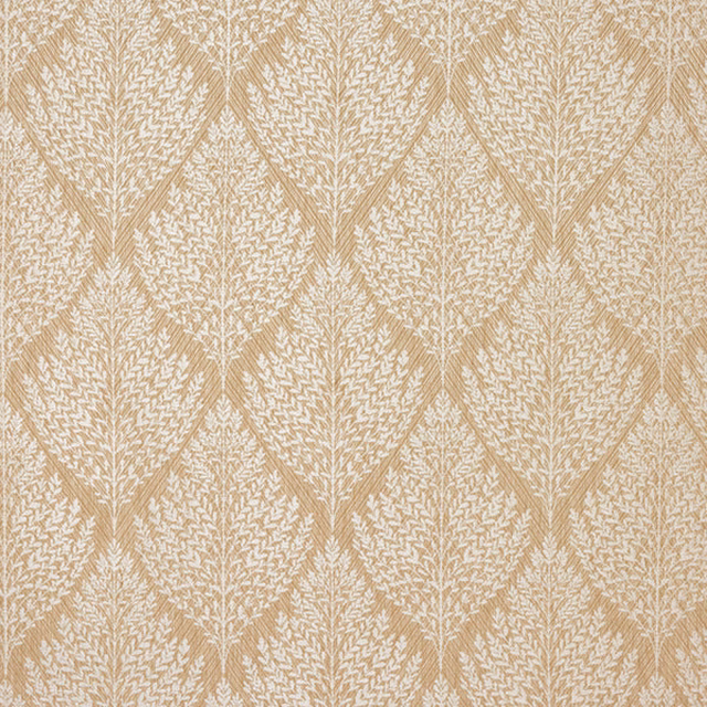 Warm oat beige fabric with cream leaf-and-arch woven pattern