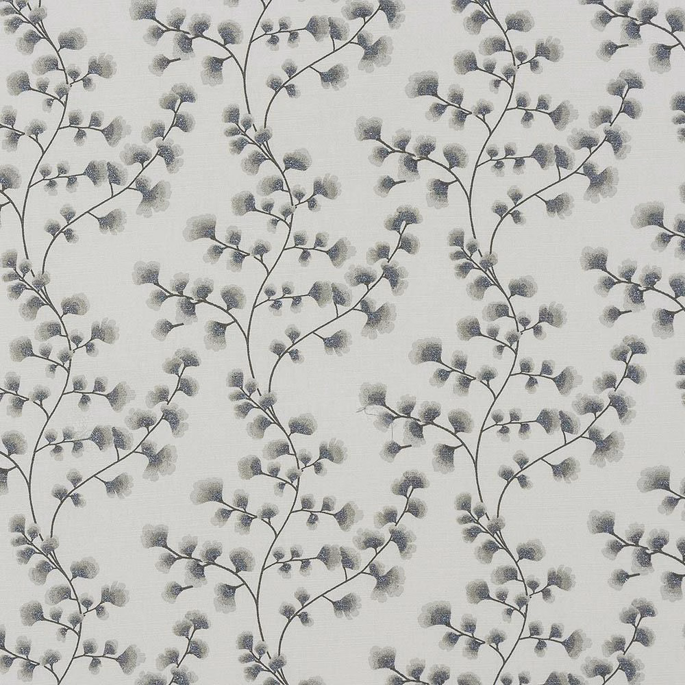 Grey botanical branch print on a pale cotton fabric swatch