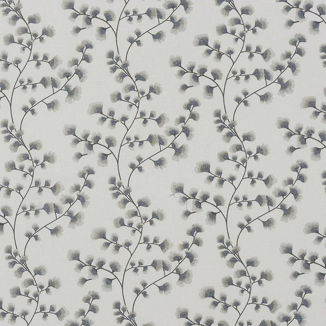 Grey botanical branch print on a pale cotton fabric swatch