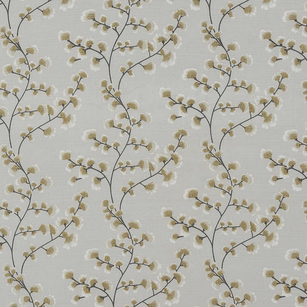 Ochre blossom branch cotton fabric on an ivory textured ground