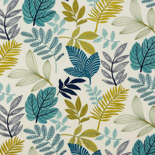Cream fabric with large teal, aqua and lime botanical leaf print