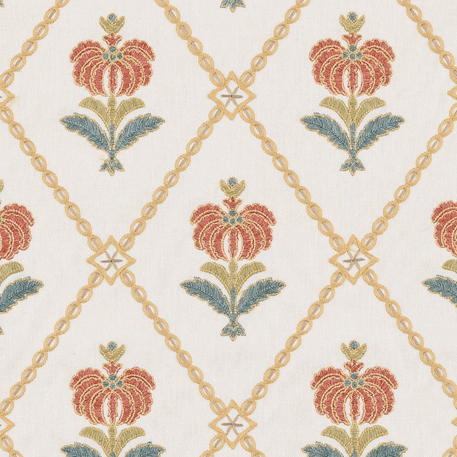 Cream fabric swatch with gold lattice and bordeaux floral motifs