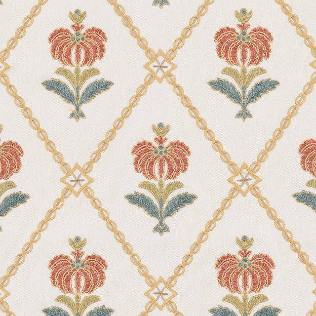 Cream fabric swatch with gold lattice and bordeaux floral motifs