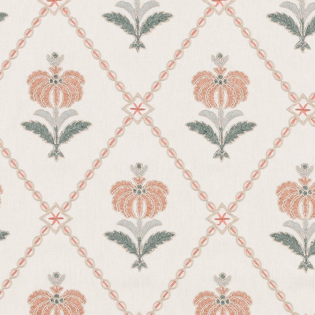 Cream trellis fabric with pink floral motifs and sage green leaves