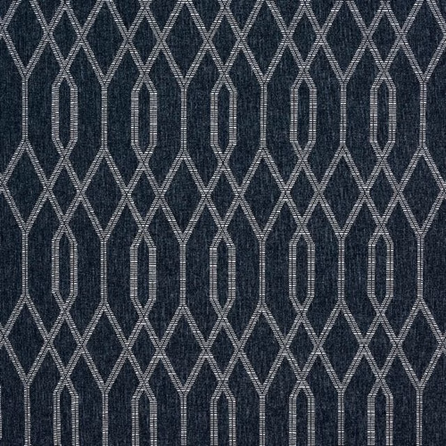 Dark navy geometric woven fabric with pale blue-grey diamond and lozenge pattern