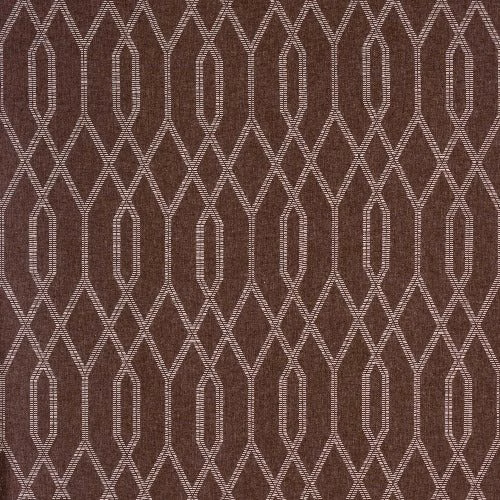 Dusty blush geometric woven fabric with elongated diamond and oval pattern on a warm brown ground