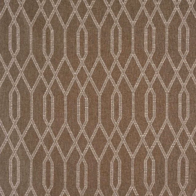 Taupe-brown geometric fabric with ivory linked lattice pattern