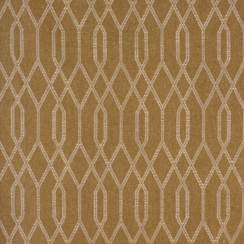 Ochre geometric fabric with ivory elongated diamond lattice on a woven ground
