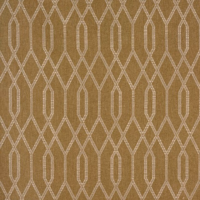 Ochre geometric fabric with ivory elongated diamond lattice on a woven ground