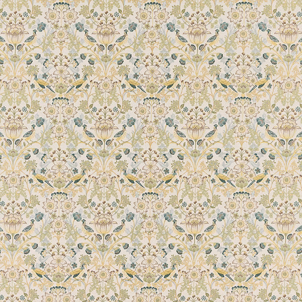 Cream floral fabric with sage, gold and blue-green scrolling motifs