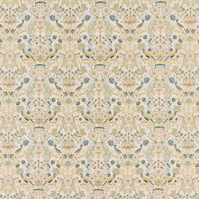 Cream floral fabric with sage, gold and blue-green scrolling motifs