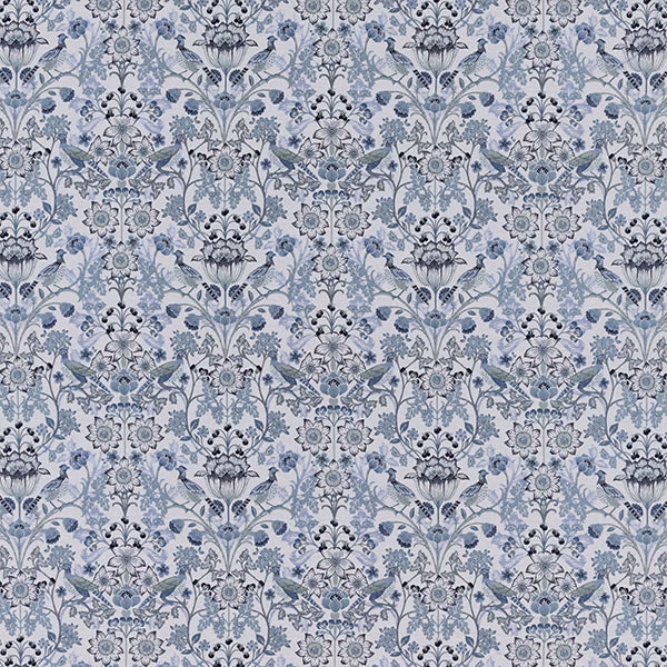 Blue-grey floral fabric with delicate scrolling motif on a pale ground