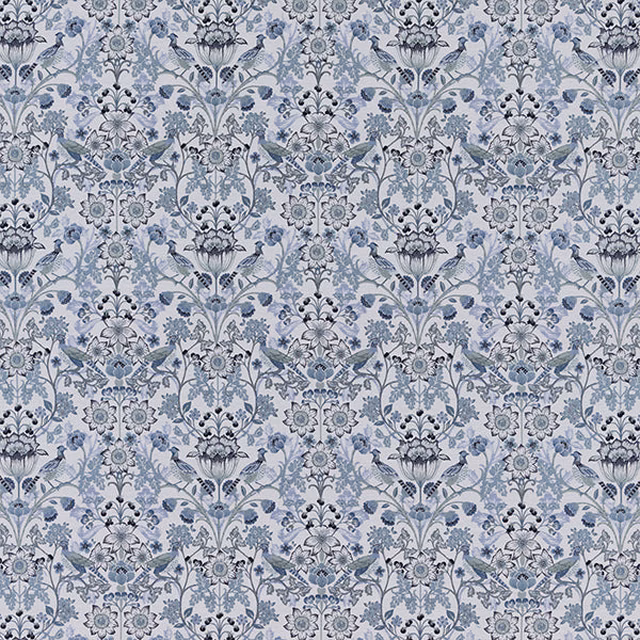 Blue-grey floral fabric with delicate scrolling motif on a pale ground