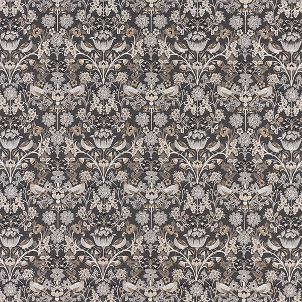 Charcoal floral fabric swatch with ivory and taupe repeating motifs