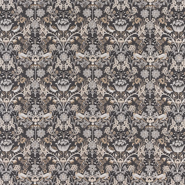 Charcoal floral fabric swatch with ivory and taupe repeating motifs