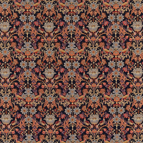 Ornate floral fabric on a midnight navy ground with coral, gold and pale blue blooms