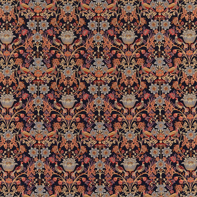 Ornate floral fabric on a midnight navy ground with coral, gold and pale blue blooms