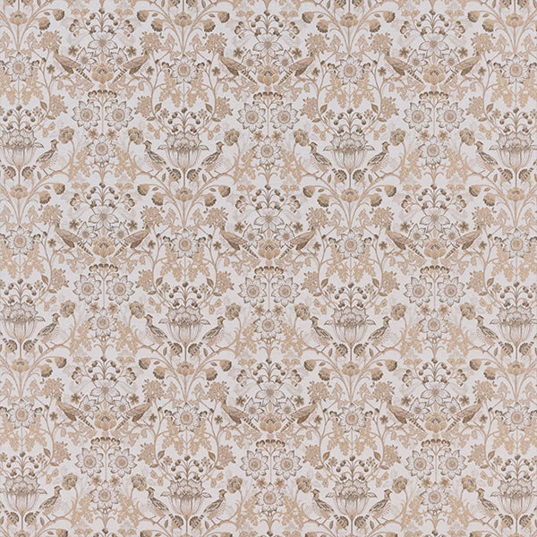 Natural beige floral fabric with birds and scrolling pattern on a pale ground