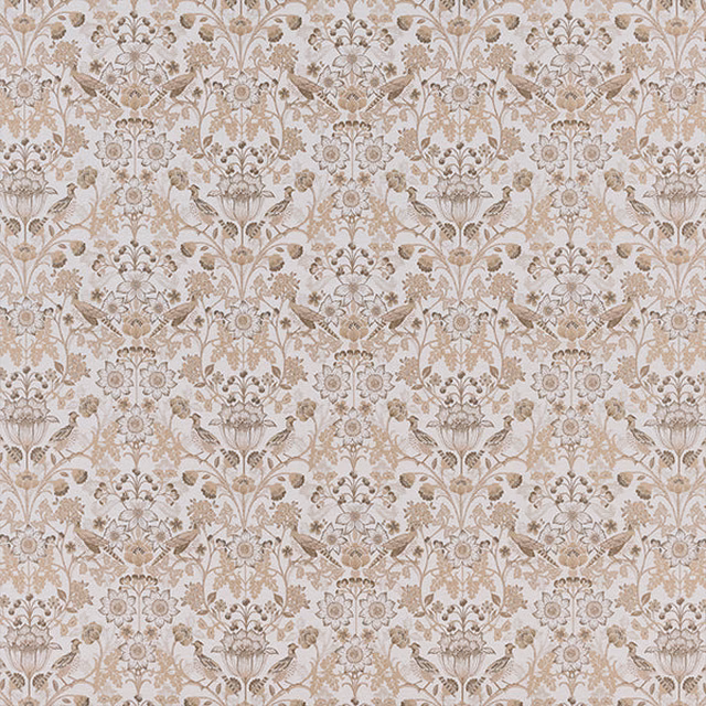 Natural beige floral fabric with birds and scrolling pattern on a pale ground