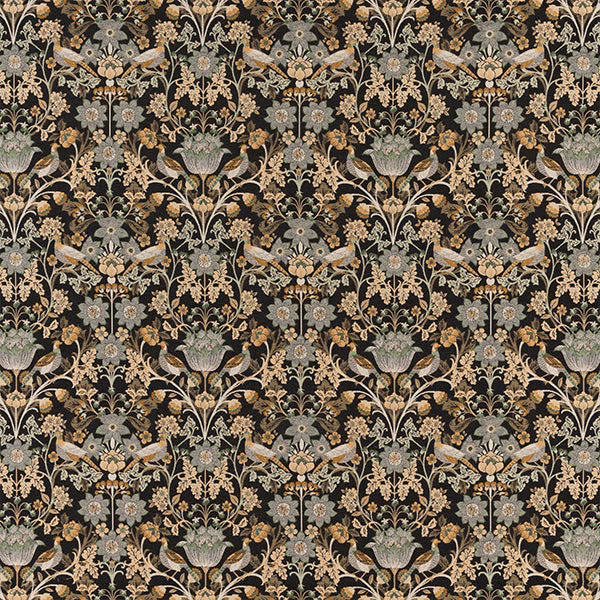 Black botanical fabric with sage, beige and grey floral motifs on a dark ground
