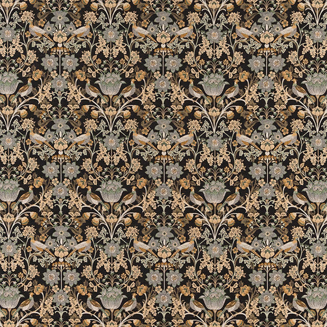 Black botanical fabric with sage, beige and grey floral motifs on a dark ground
