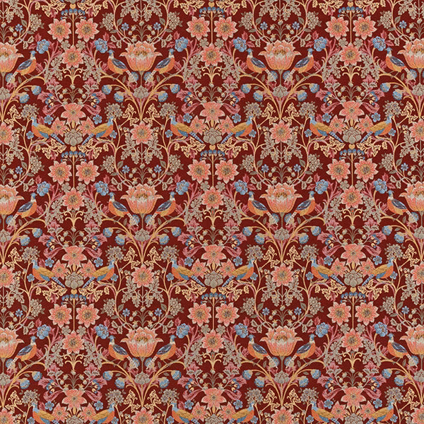 Dense red floral damask fabric with pink, coral and teal details
