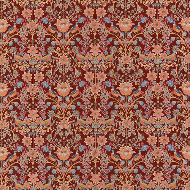 Dense red floral damask fabric with pink, coral and teal details