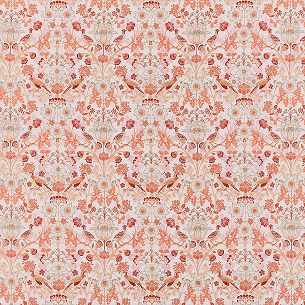 Pale floral fabric with terracotta coral scrolling motif on a cream ground