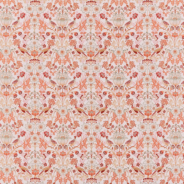 Pale floral fabric with terracotta coral scrolling motif on a cream ground