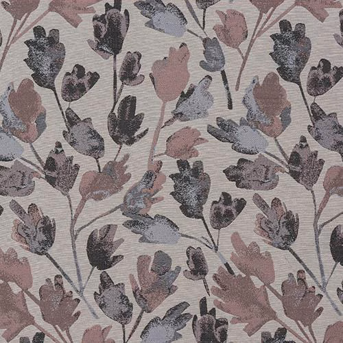 Dusky pink and lilac floral fabric with charcoal leaves on a heathered ground