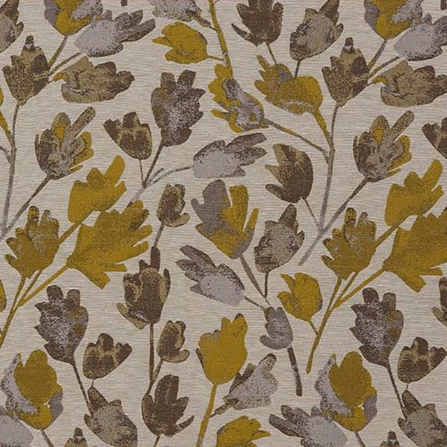 Large botanical leaf print in ochre, olive brown and taupe on a pale woven ground